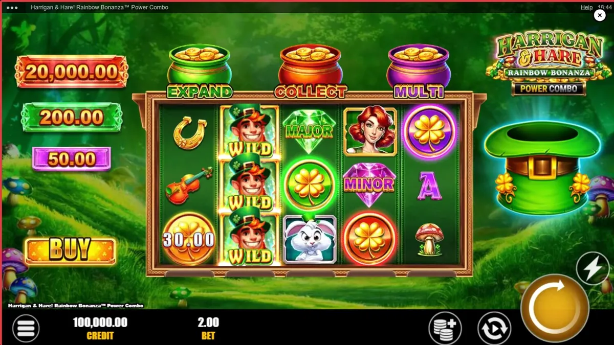Harrigan & Hare Rainbow Bonanza Power Combo slot machine interface na may temang Irish