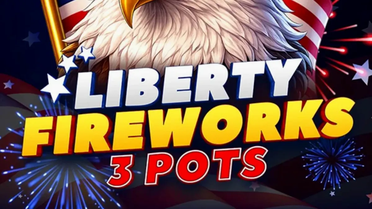 Liberty Fireworks 3 Pots slot machine interface na may makukulay na fireworks at American theme