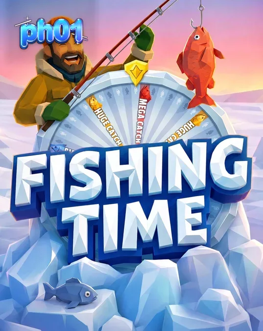 Ang Fishing Time slot ay nagtatampok ng isang makulay na wheel of fortune sa gitna ng isang winter landscape.